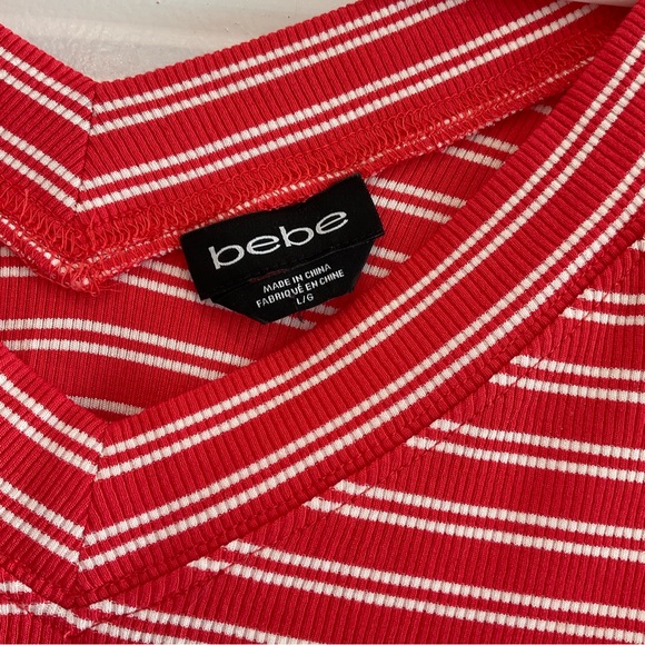 Red & White Striped Short Sleeve V-Neck bebe Tee (L) - Picture 3 of 5